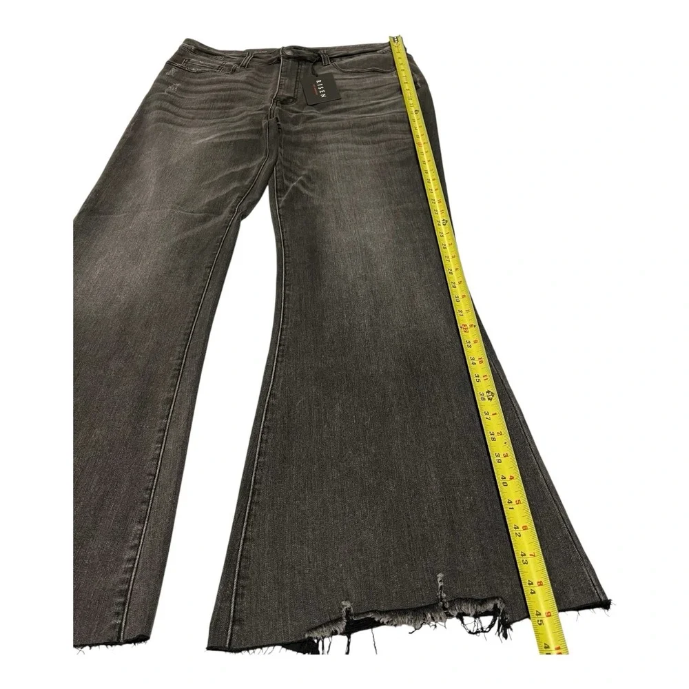 NWT Risen Womens 1XL Flare Jeans Black Acid Wash High Rise Raw Hem Stretch Denim